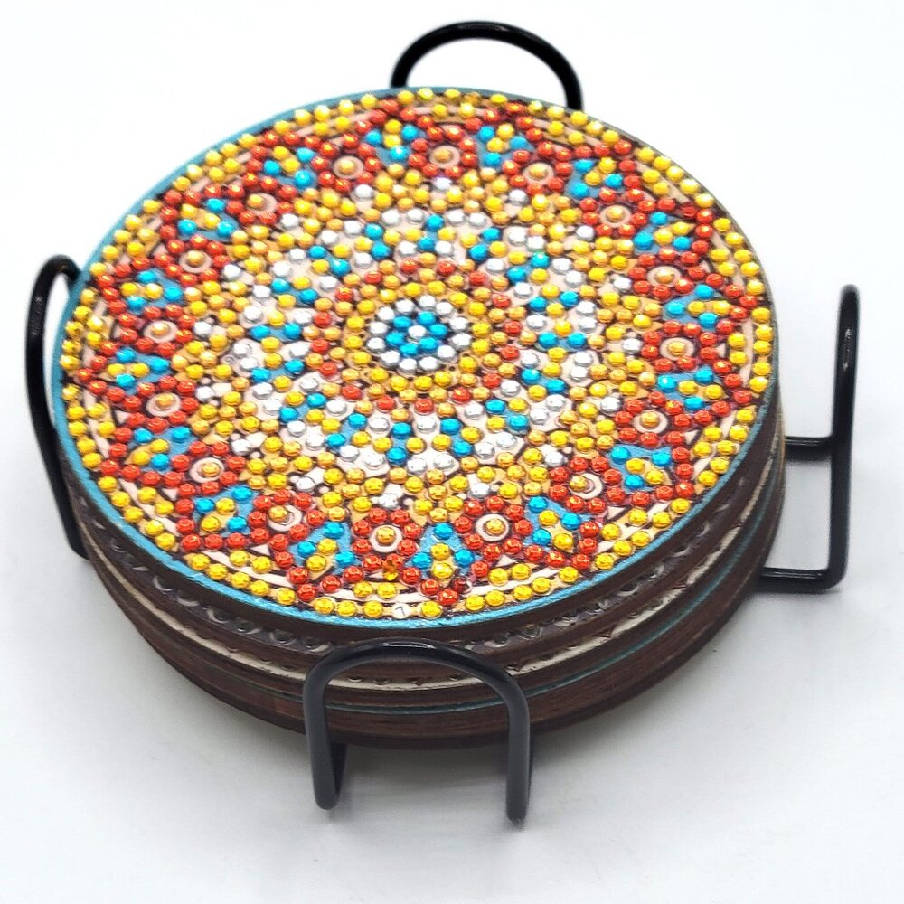 6 Bling Mandala Pattern Dot Coasters with Wood Bottoms & Metal Wire Holder 5"